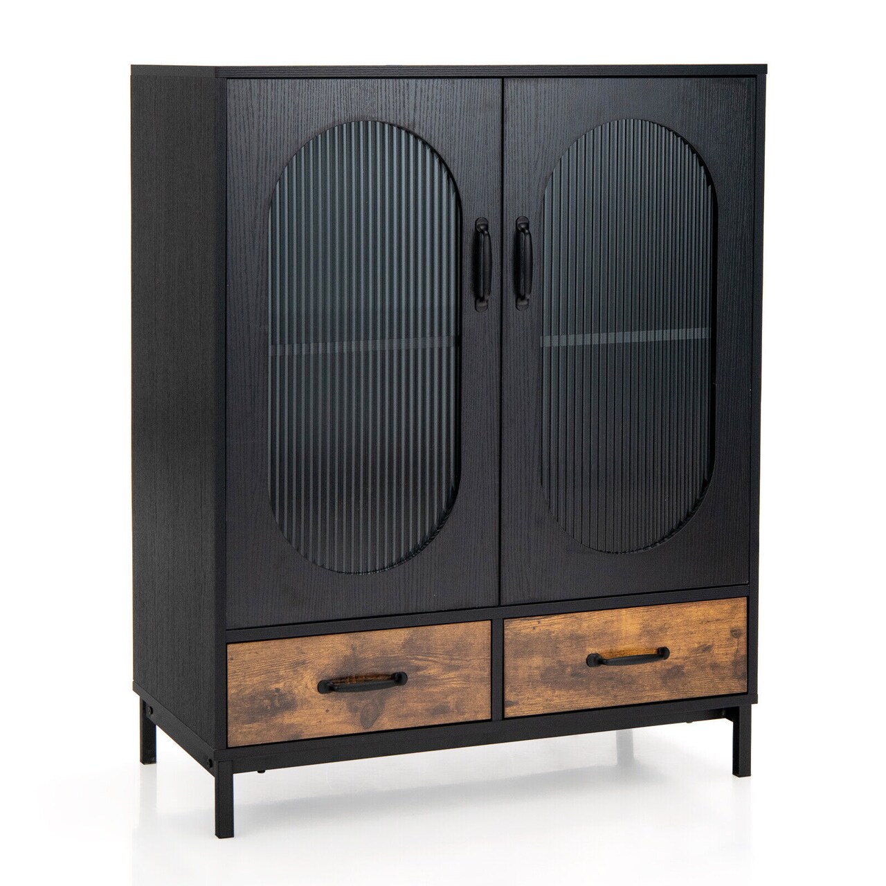Industrial Sideboard Cabinet with Drawers Countertop and Tempered Glass Black Brown
